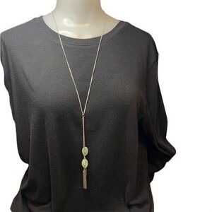 Paparazzi Necklace Earrings Silver Chain Green Bead Tassel Jewelry Set